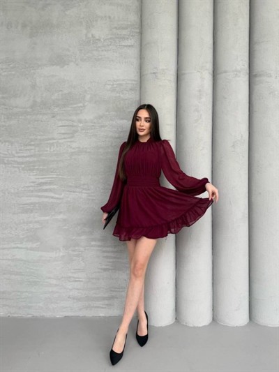 Kadın Yarım Balıkçı Yaka Kolları Transparan Astarlı Full şifon Elbise