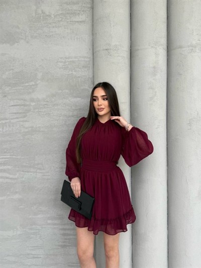 Kadın Yarım Balıkçı Yaka Kolları Transparan Astarlı Full şifon Elbise