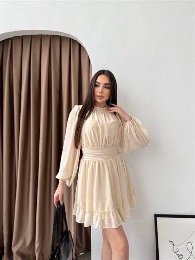 Kadın Yarım Balıkçı Yaka Kolları Transparan Astarlı Full şifon Elbise