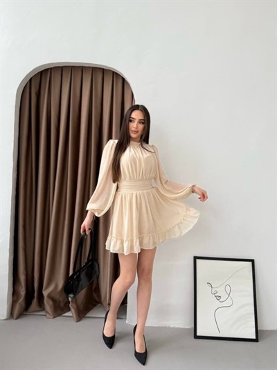 Kadın Yarım Balıkçı Yaka Kolları Transparan Astarlı Full şifon Elbise