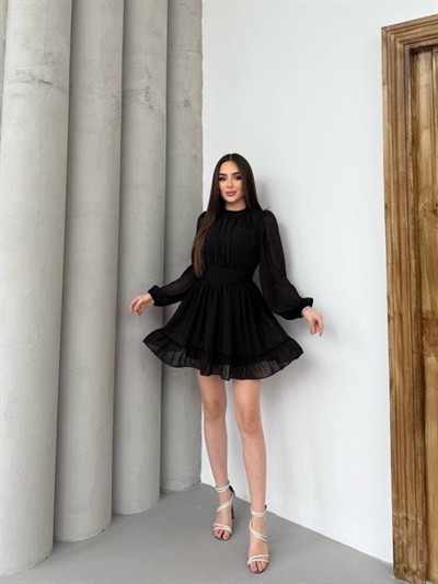 Kadın Yarım Balıkçı Yaka Kolları Transparan Astarlı Full şifon Elbise