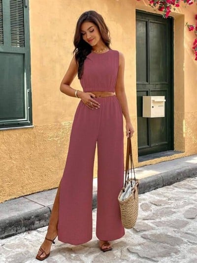 Kadın Yırtmaçlı Geniş Paça Pantolon Lastikli Kolsuz Bluz Takım