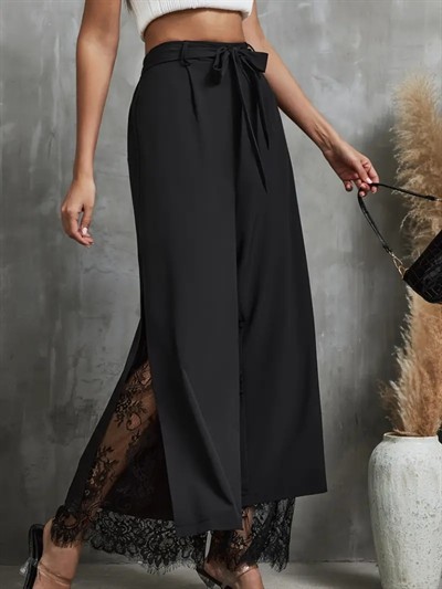 Kadın Yüksek Bel Belden Kuşaklı üst Dalgıç Alt Dantel Detaylı Dalgıç Pantolon