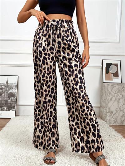 Kadın Yüksek Bel Beli Lastikli Bağcıklı Leopar Desenli Süprem Pantolon