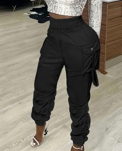 Kadın Yüksek Bel Beli Lastikli Kargo Cep Detaylı Gabardin Pantolon