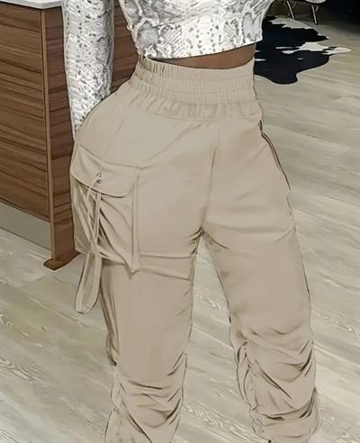 Kadın Yüksek Bel Beli Lastikli Kargo Cep Detaylı Gabardin Pantolon