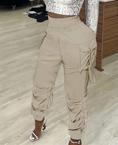 Kadın Yüksek Bel Beli Lastikli Kargo Cep Detaylı Gabardin Pantolon