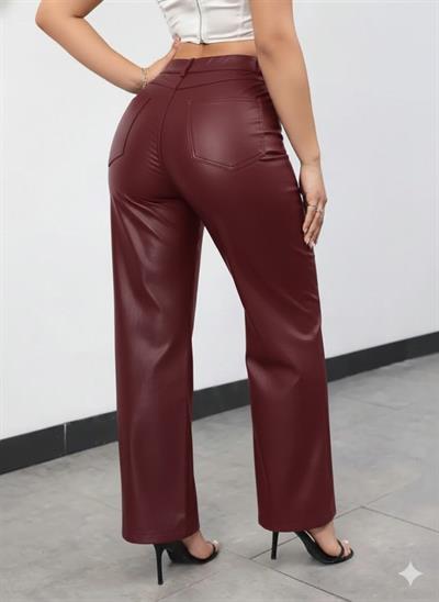 Kadın Yüksek Bel Cepli Deri Pantolon