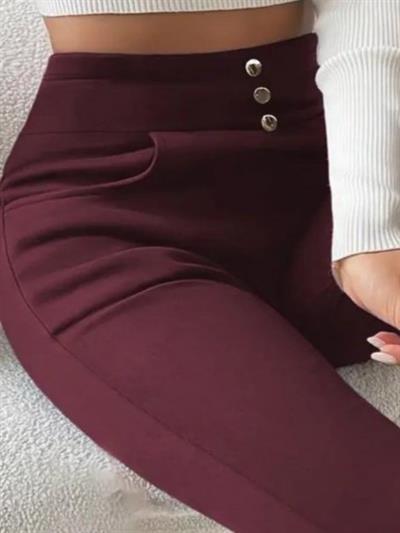 Kadın Yüksek Bel Cepli Düğmeli şardonlu Dalgıç Tayt Pantolon