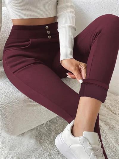 Kadın Yüksek Bel Cepli Düğmeli şardonlu Dalgıç Tayt Pantolon