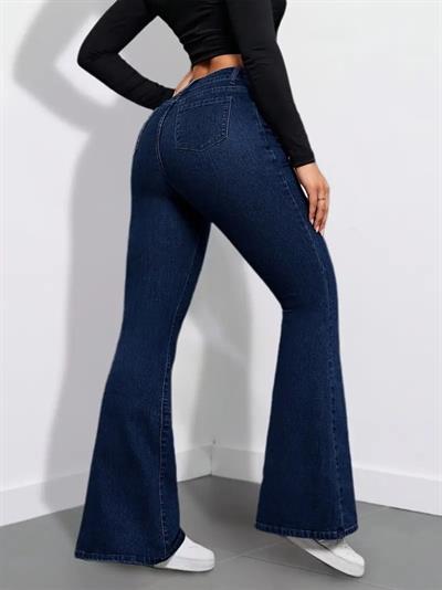 Kadın Yüksek Bel Cepli İspanyol Paçalı Kot Pantolon