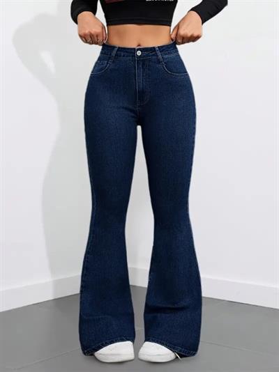 Kadın Yüksek Bel Cepli İspanyol Paçalı Kot Pantolon