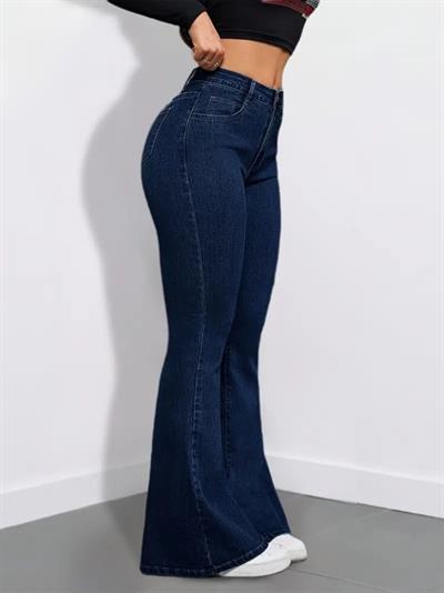 Kadın Yüksek Bel Cepli İspanyol Paçalı Kot Pantolon