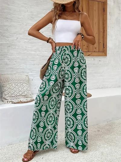 Kadın Yüksek Bel Desenli Geniş Paçalı Süprem Pantolon