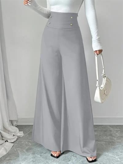 Kadın Yüksek Bel Düğmeli Geniş Paçalı Ithal Krep Pantolon