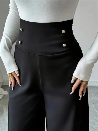 Kadın Yüksek Bel Düğmeli Geniş Paçalı Ithal Krep Pantolon