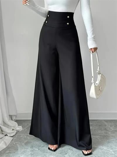 Kadın Yüksek Bel Düğmeli Geniş Paçalı Ithal Krep Pantolon