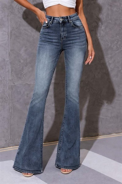 Kadın Yüksek Bel Fermuarlı İspanyol Paçalı Kot Pantolon