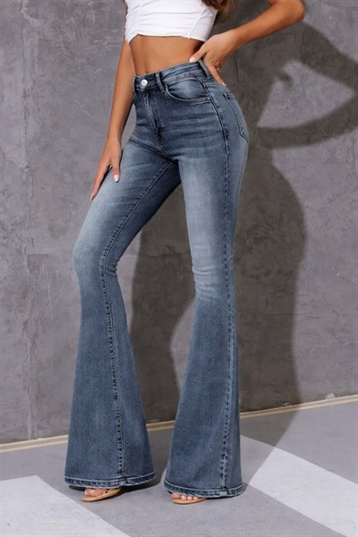 Kadın Yüksek Bel Fermuarlı İspanyol Paçalı Kot Pantolon