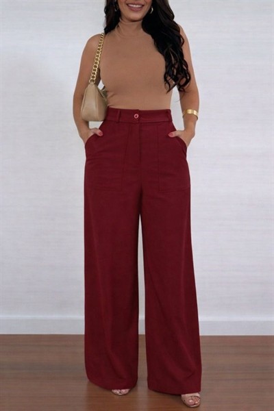 Kadın Yüksek Bel Geniş Paça Detaylı Cepli Ithal Krep Pantolon