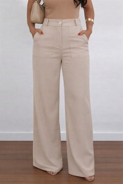 Kadın Yüksek Bel Geniş Paça Detaylı Cepli Ithal Krep Pantolon