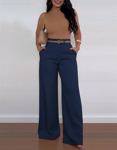 Kadın Yüksek Bel Geniş Paça Detaylı Cepli Ithal Krep Pantolon (kemersiz)