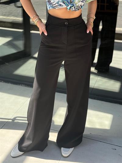 Kadın Yüksek Bel Geniş Paça Detaylı Cepli Ithal Krep Pantolon