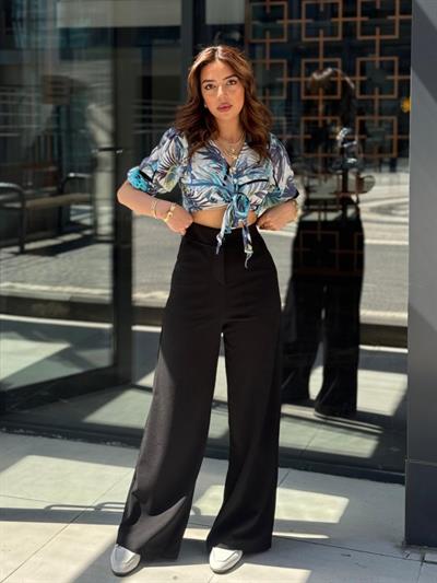 Kadın Yüksek Bel Geniş Paça Detaylı Cepli Ithal Krep Pantolon