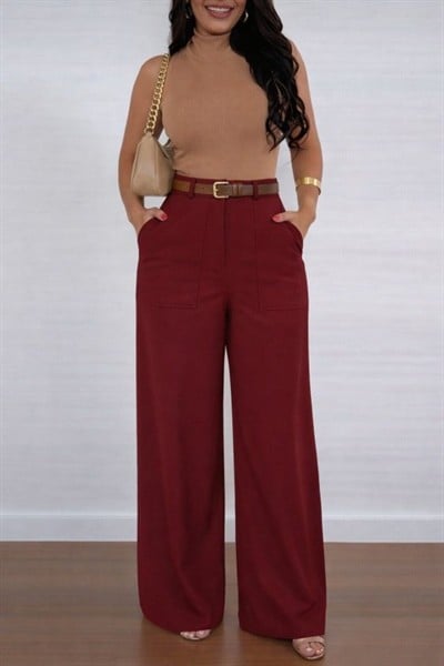 Kadın Yüksek Bel Geniş Paça Detaylı Cepli Ithal Krep Pantolon