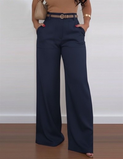 Kadın Yüksek Bel Geniş Paça Detaylı Cepli Ithal Krep Pantolon (kemersiz)