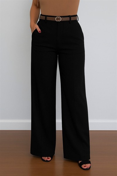 Kadın Yüksek Bel Geniş Paça Detaylı Cepli Ithal Krep Pantolon (kemersiz)