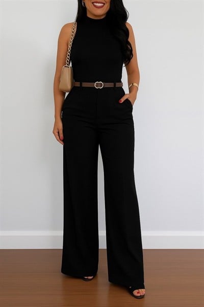 Kadın Yüksek Bel Geniş Paça Detaylı Cepli Ithal Krep Pantolon (kemersiz)