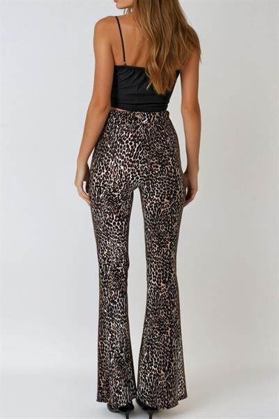 Kadın Yüksek Bel Ispanyol Paça Krep Kumaş Leopar Pantolon