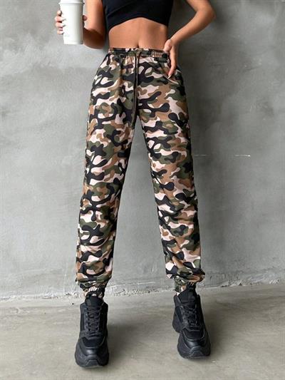 Kadın Yüksek Bel Kamuflaj Baskılı Bileği Lastik Detay İki İplik Pantolon