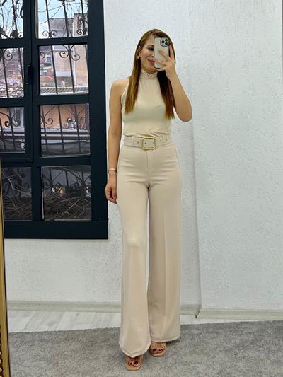 Kadın Yüksek Bel Kemer Dahil Krep Kumaş Palazzo Pantolon