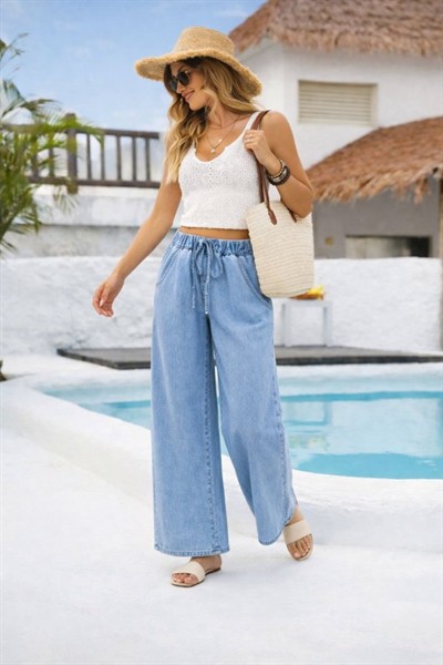 Kadın Yüksek Bel Lastik Detay Bol Paça Pantolon