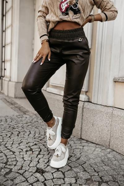 Kadın Yüksek Bel Lastikli Cepli Deri Pantolon