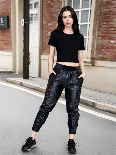 Kadın Yüksek Bel Lastikli Yanda Dantel Detaylı Bağcıklı Deri Pantolon