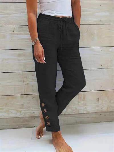 Kadın Yüksek Bel Lastikli Yandan Düğmeli Ithal Keten Pantolon