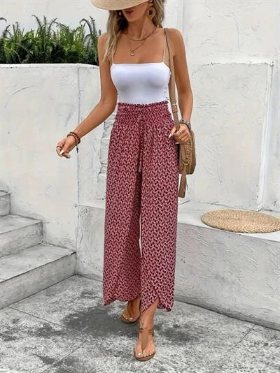 Kadın Yüksek Bel Lastikli önden Iki Parçalı Desenli Bürümcük Pantolon