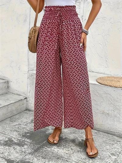 Kadın Yüksek Bel Lastikli önden Iki Parçalı Desenli Bürümcük Pantolon