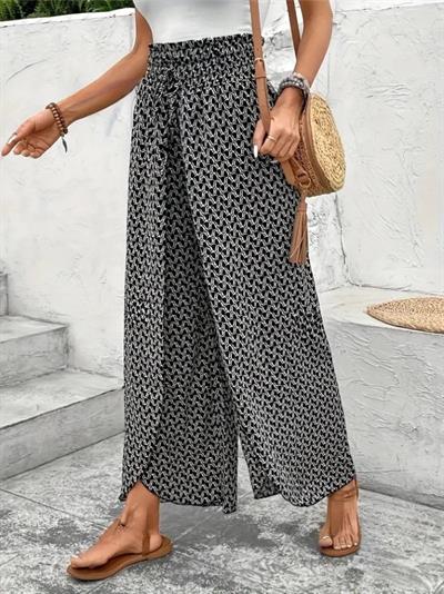 Kadın Yüksek Bel Lastikli önden Iki Parçalı Desenli Bürümcük Pantolon