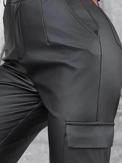 Kadın Yüksek Bel Yan Kargo Cep Detaylı Deri Pantolon