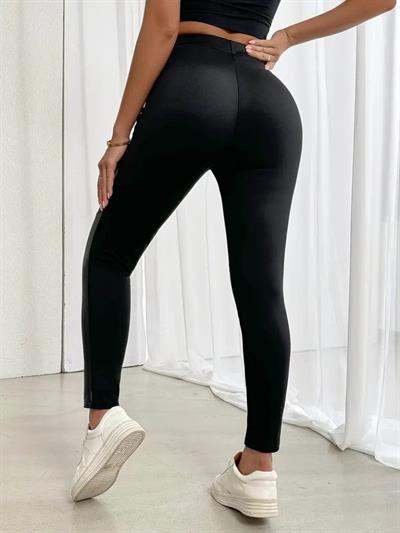 Kadın Yüksek Bel Yan şerit Deri Detay Fermuarlı Dalgıç Tayt