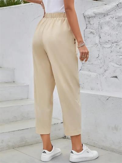 Kadın Yüksek Bel Yandan Cepli Düğme Detaylı Geniş Kesim Ithal Krep Pantolon