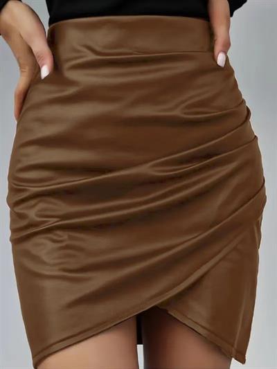 Kadın Yüksek Bel Yandan Fermuarlı Pileli Mini Deri Etek