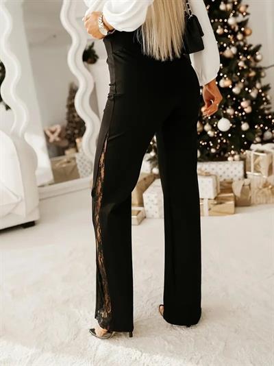 Kadın Yüksek Bel Yanlardan Dantelli Paçaya Doğru Geniş Kesim Detaylı Ithal Krep Pantolon