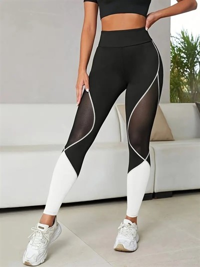 Kadın Yüksek Bel Yanlardan Tül Detaylı çift Renkli Spor Dalgıç Tayt