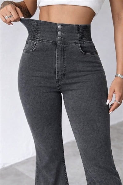 Kadın Yüksek Bel Yanları Lastik önü Düğmeli Kot Pantolon