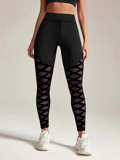 Kadın Yüksek Bel çapraz Desen Tül Detaylı Spor Dalgıç Tayt